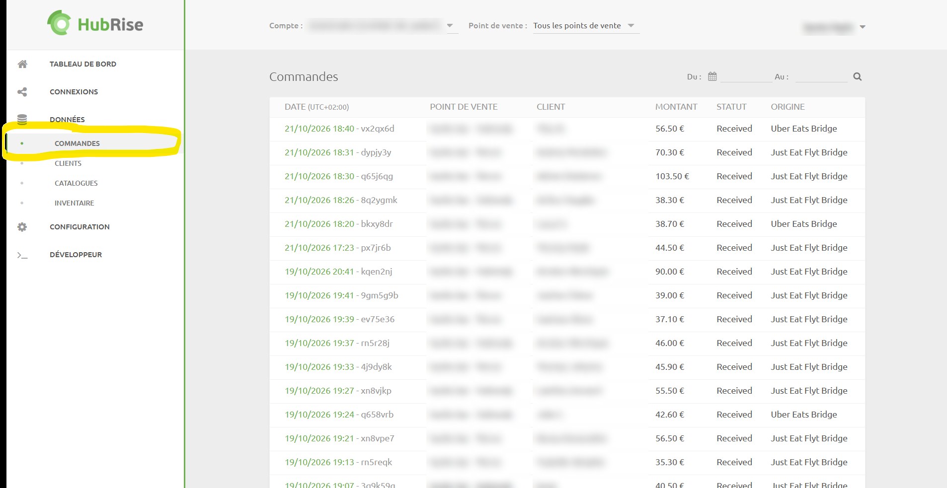 Liste des commandes dans HubRise, menu Commandes surligné