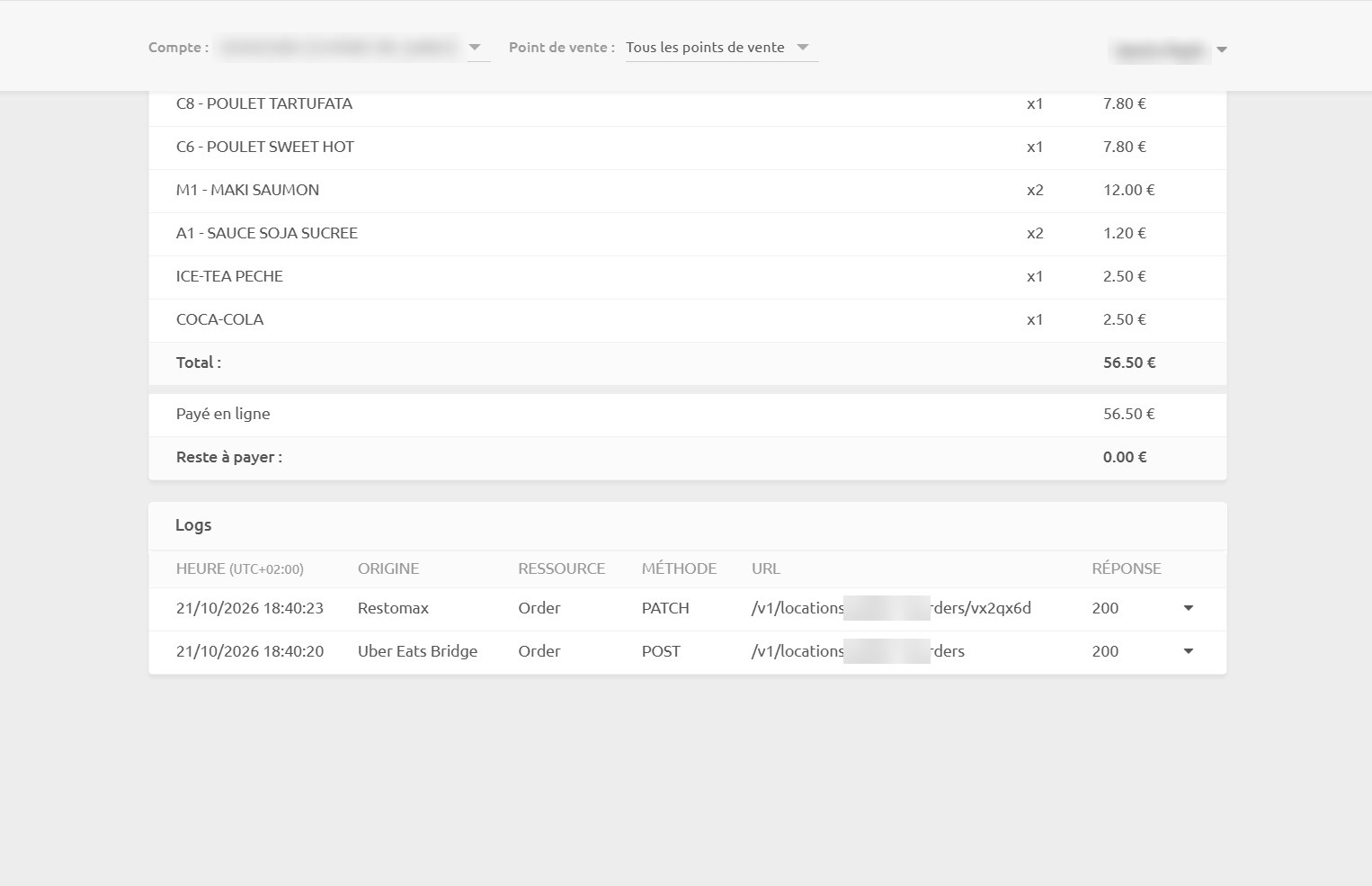 Bloc Logs d'une commande : une ligne Uber Eats Bridge puis une ligne Restomax
