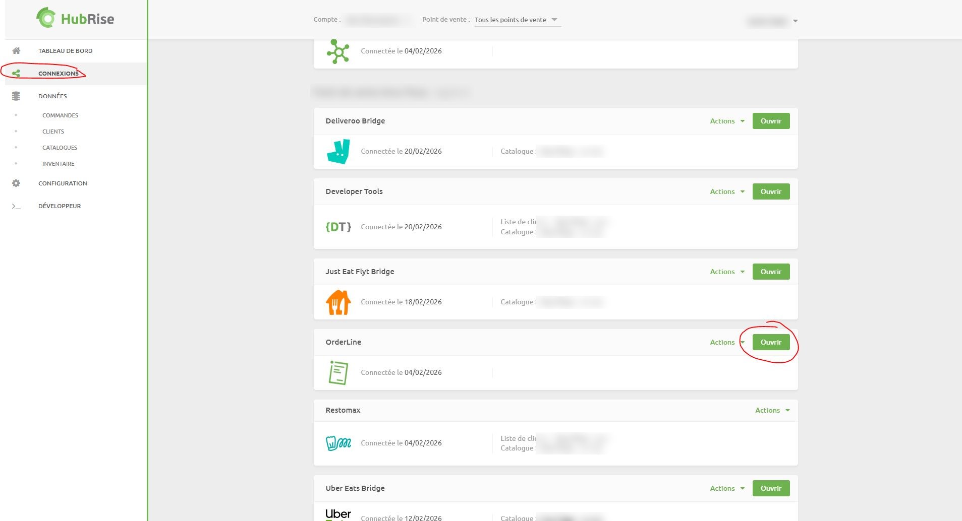 Page Connexions de HubRise, bouton Ouvrir d'OrderLine entouré